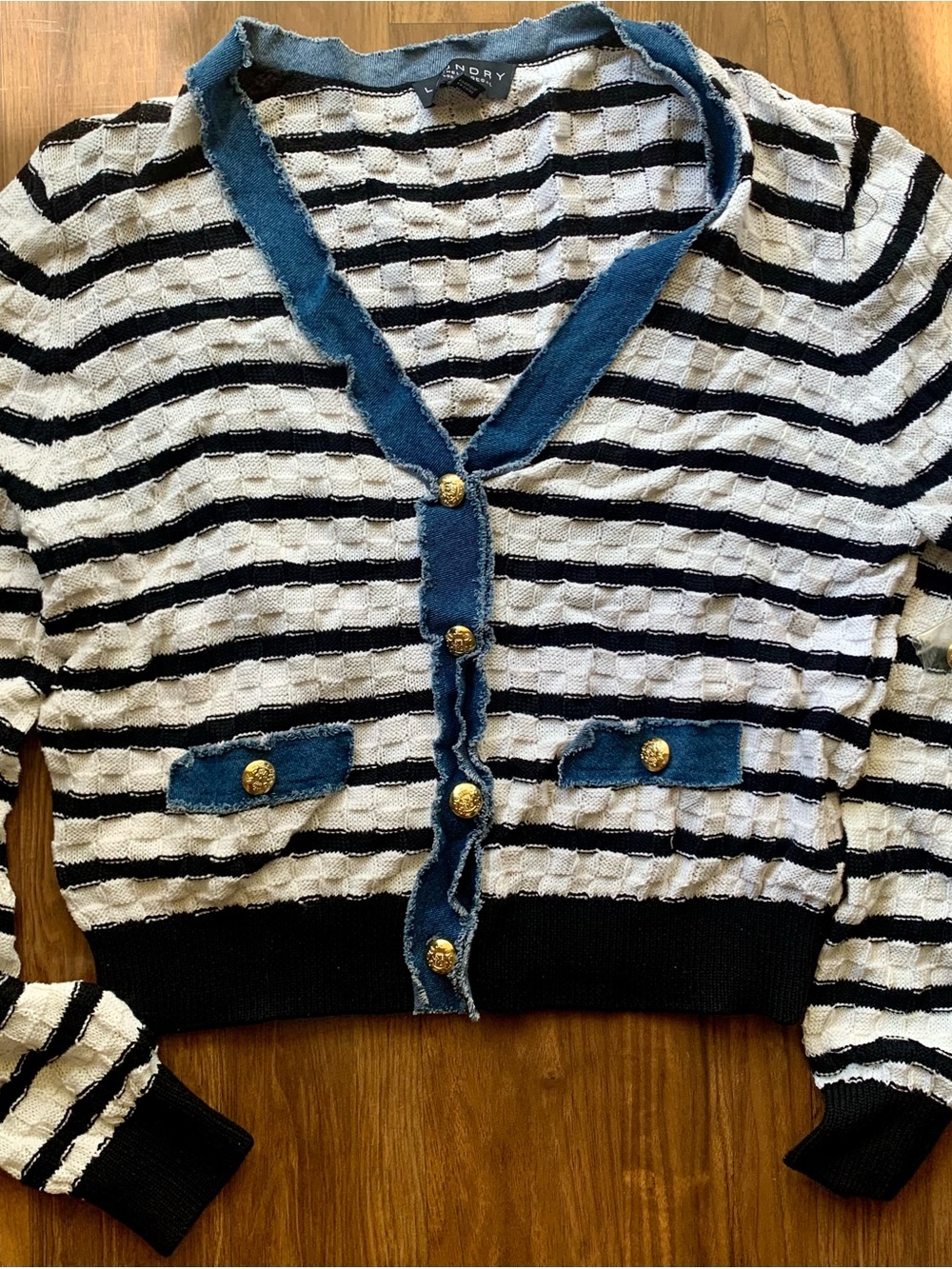 Laundry By Shelli Segal Black and White Striped Knit cardigan Denim L OM preppy